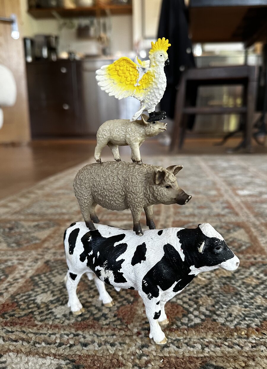 A stack of toy animal figurines — cow, pig, sheep, and cockatoo — balanced on a rug